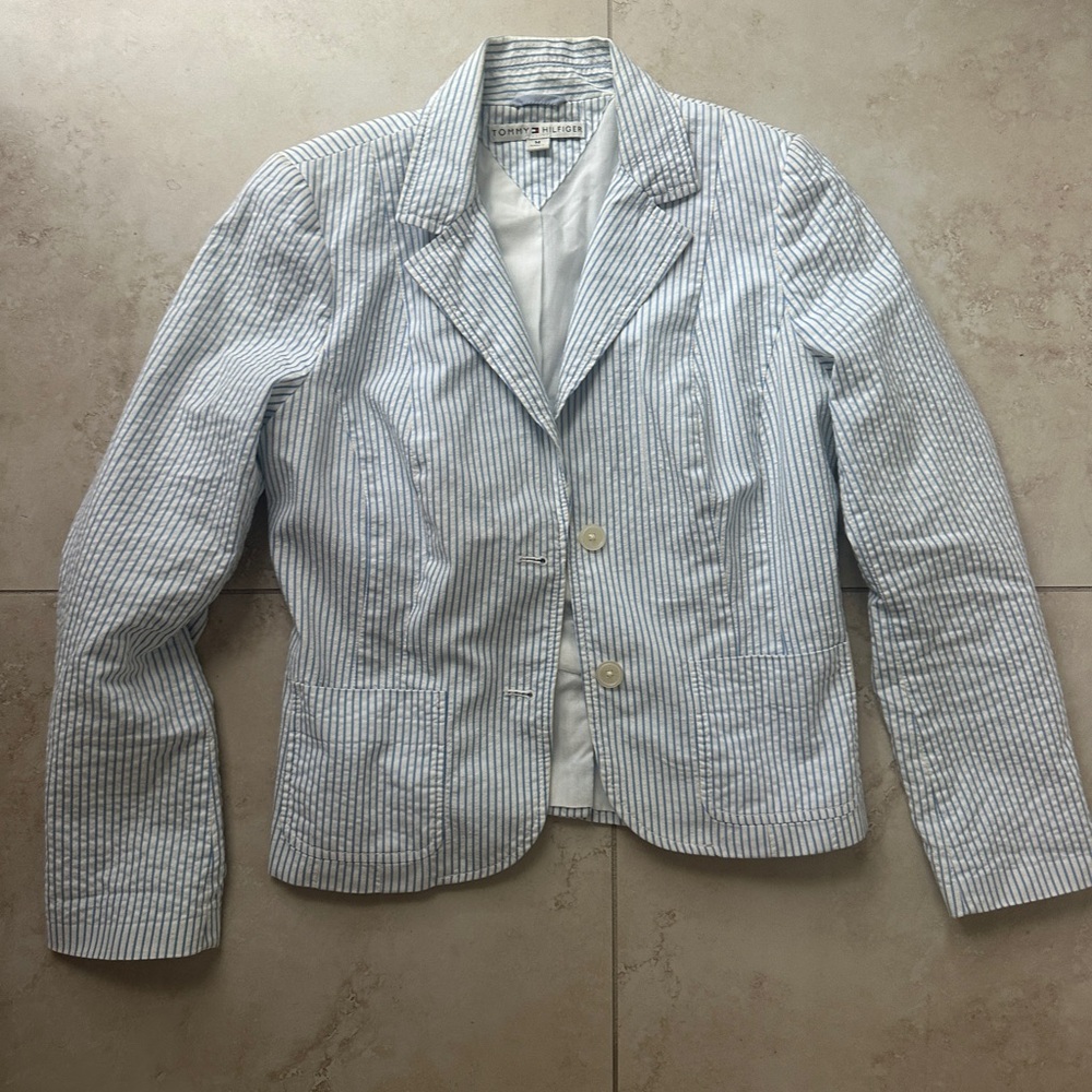 Tommy Hilfiger Blue and White Striped Blazer Medium
